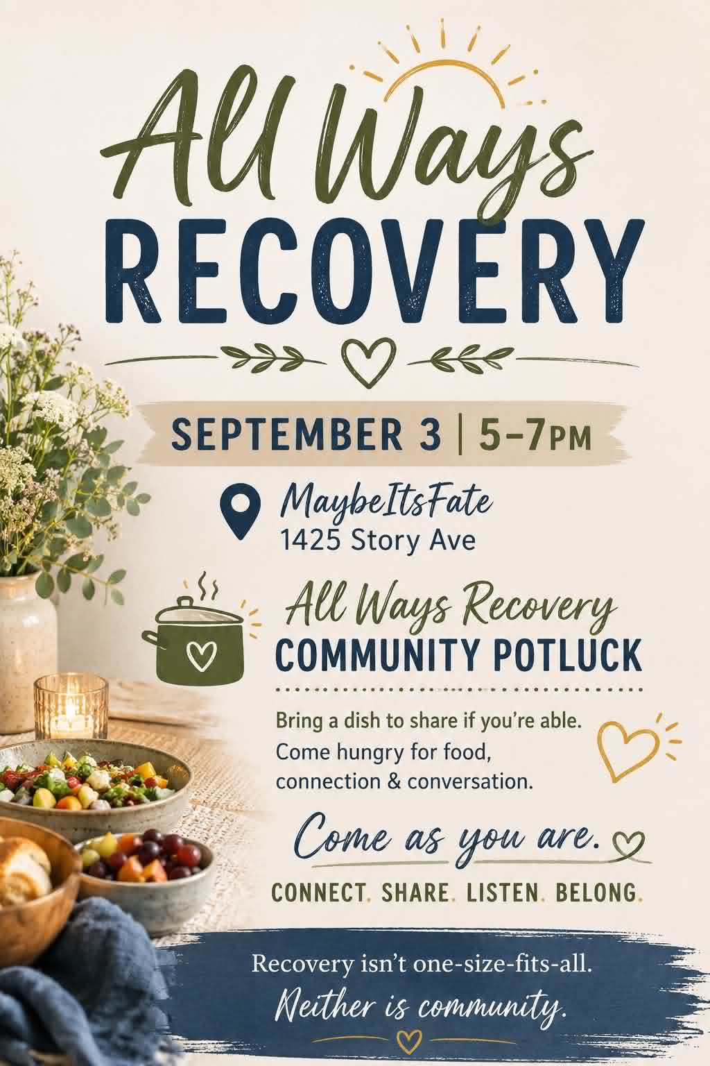 All Ways Recovery Community Potluck flyer — September 3, 5-7pm at MaybeItsFate, 1425 Story Ave